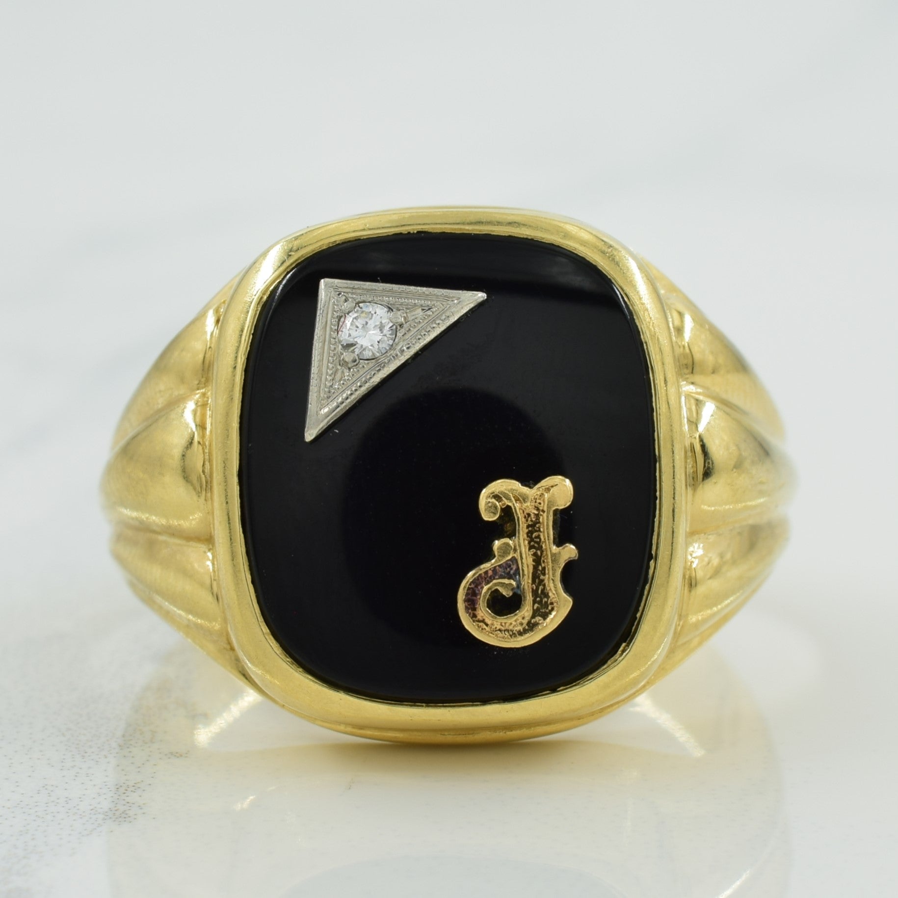 Black Onyx Diamond 'J' Initial Ring SZ