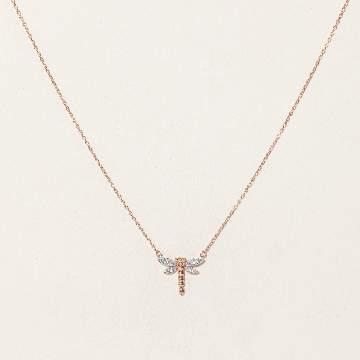 10k Rose Gold Diamond Dragonfly Pendant Necklace | 17"