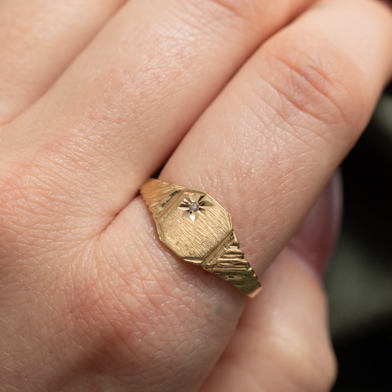 Diamond Grooved Signet Ring | 0.005ct | SZ 10.25
