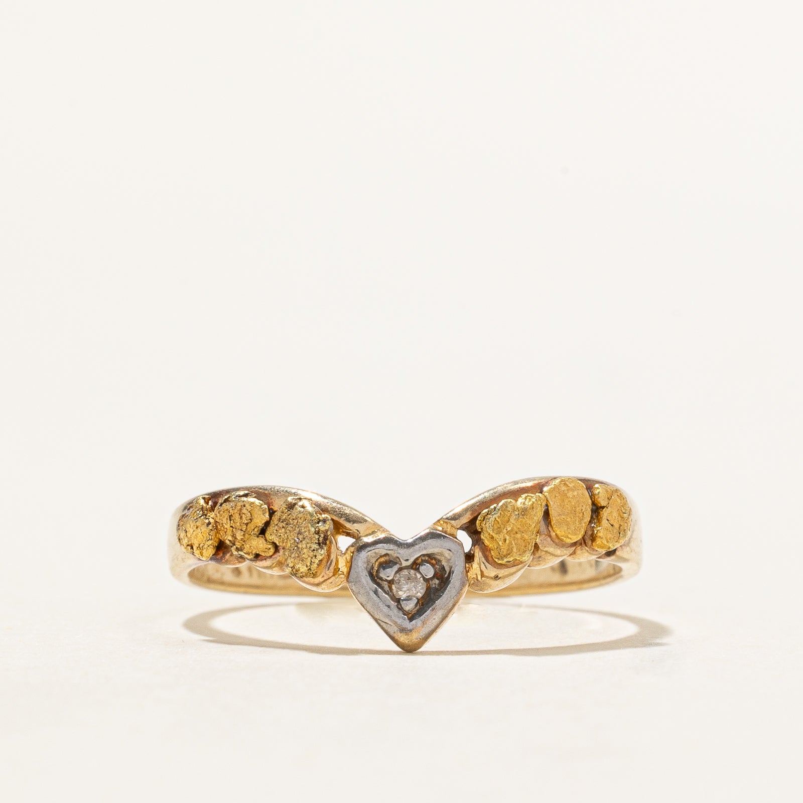 Diamond & Gold Nugget Heart Chevron Ring | 0.005ct | SZ 6
