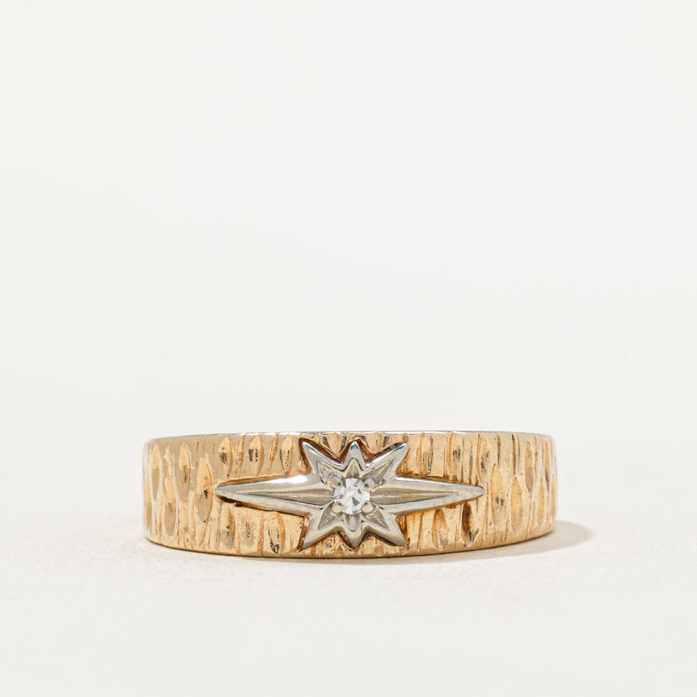 Two Tone Gold Diamond Starburst Textured Ring | 0.03ct | SZ 10.25