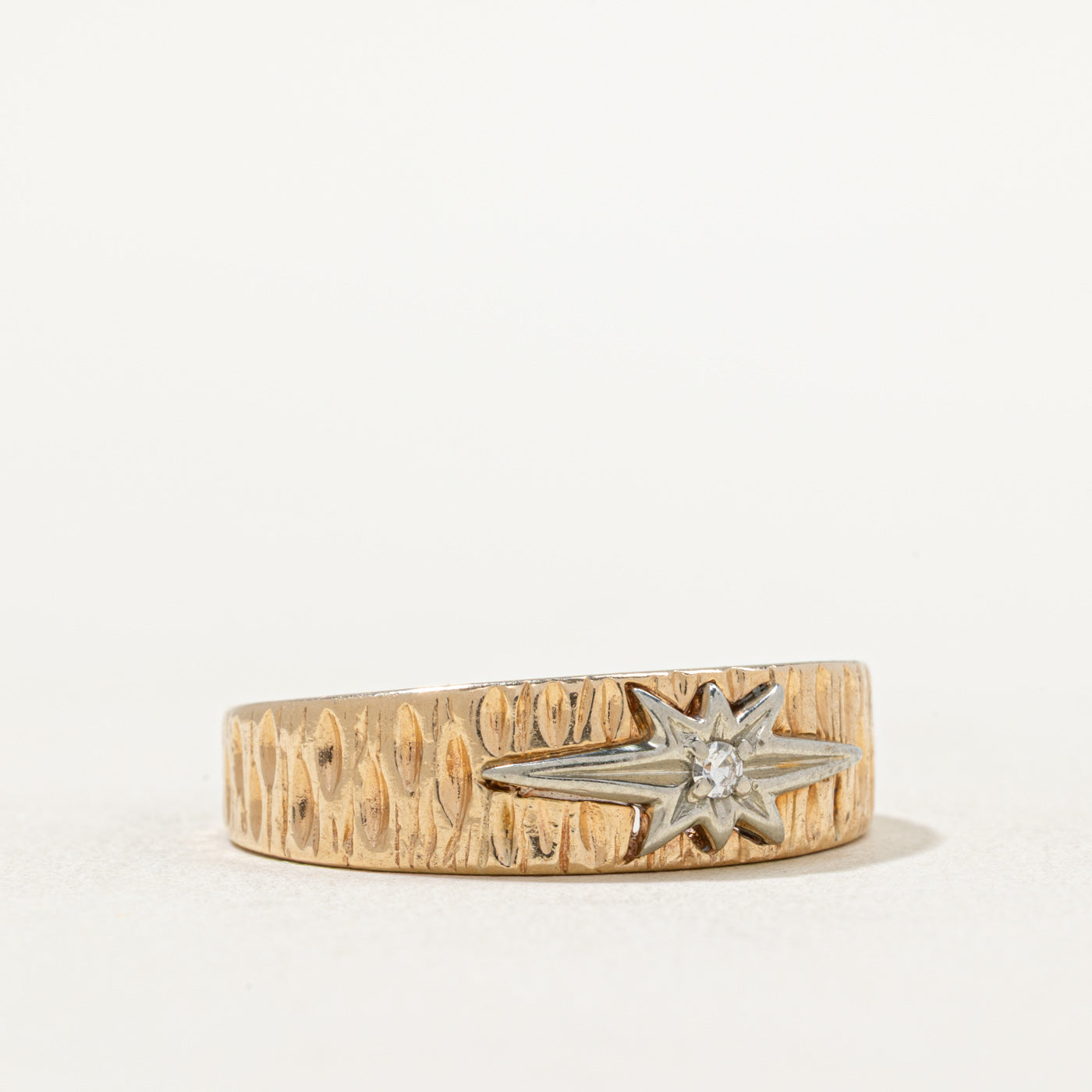 Two Tone Gold Diamond Starburst Textured Ring | 0.03ct | SZ 10.25