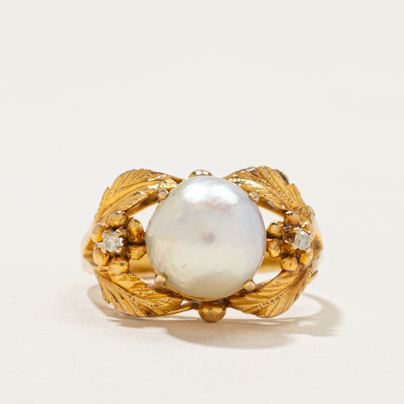 Pearl & Diamond Engraved Cocktail Ring | 0.04ctw | SZ 5.5