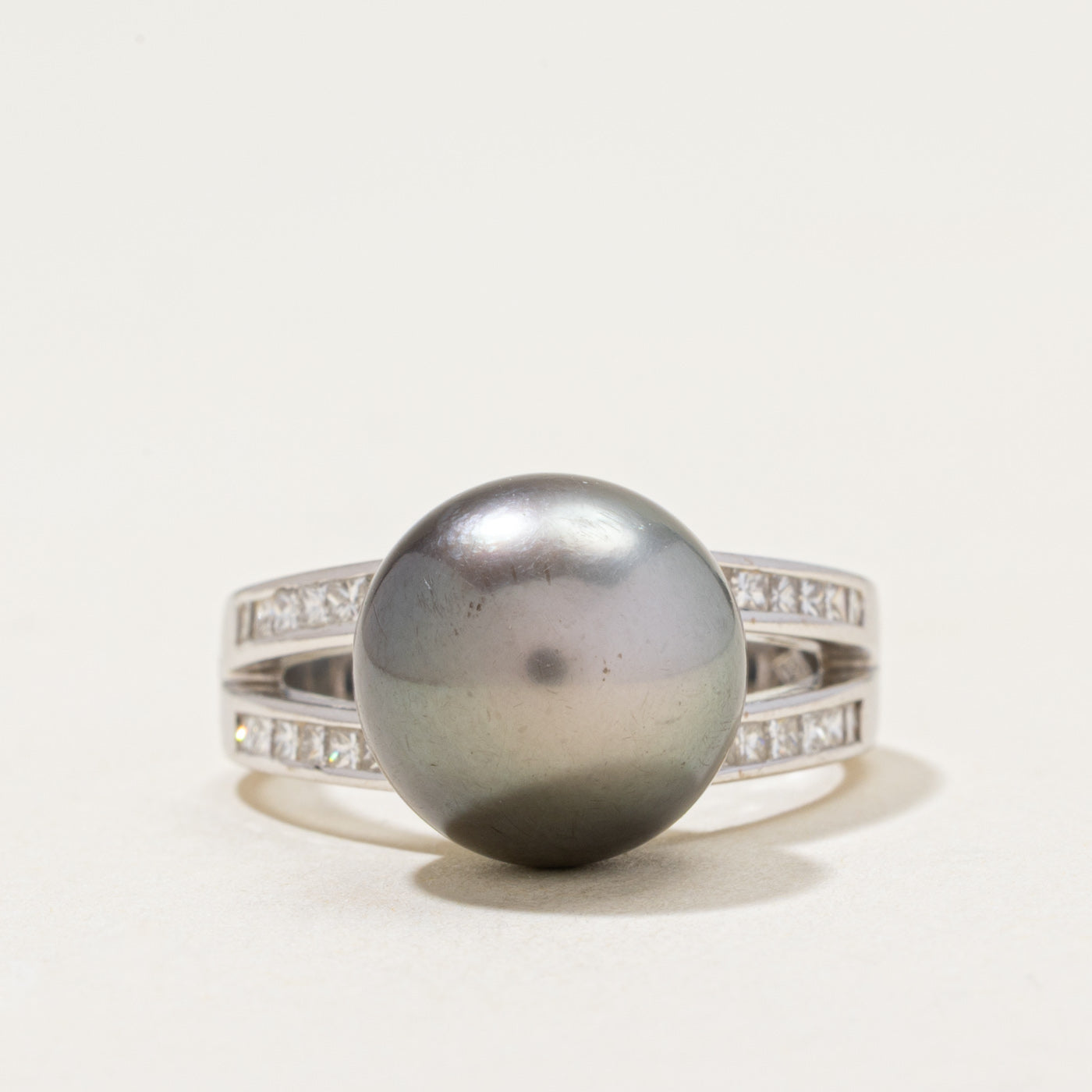 Black Pearl & Diamond Open Shank Ring | 0.75ctw | SZ 6