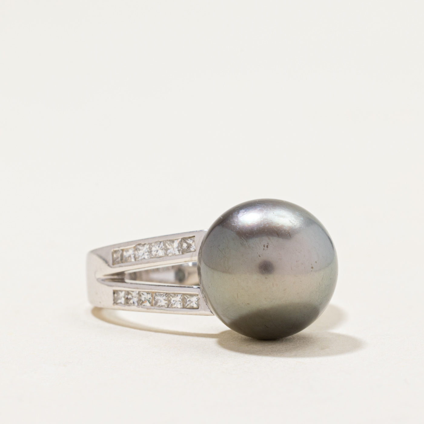 Black Pearl & Diamond Open Shank Ring | 0.75ctw | SZ 6