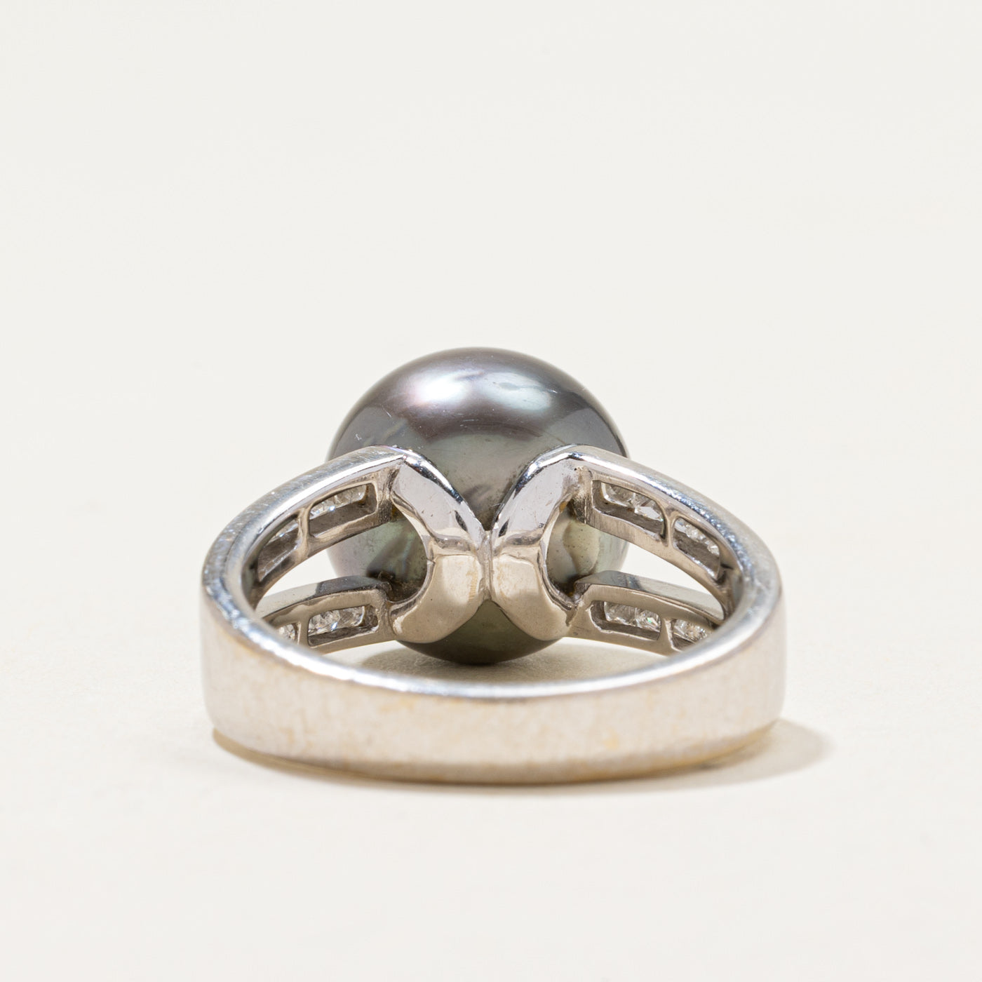 Black Pearl & Diamond Open Shank Ring | 0.75ctw | SZ 6