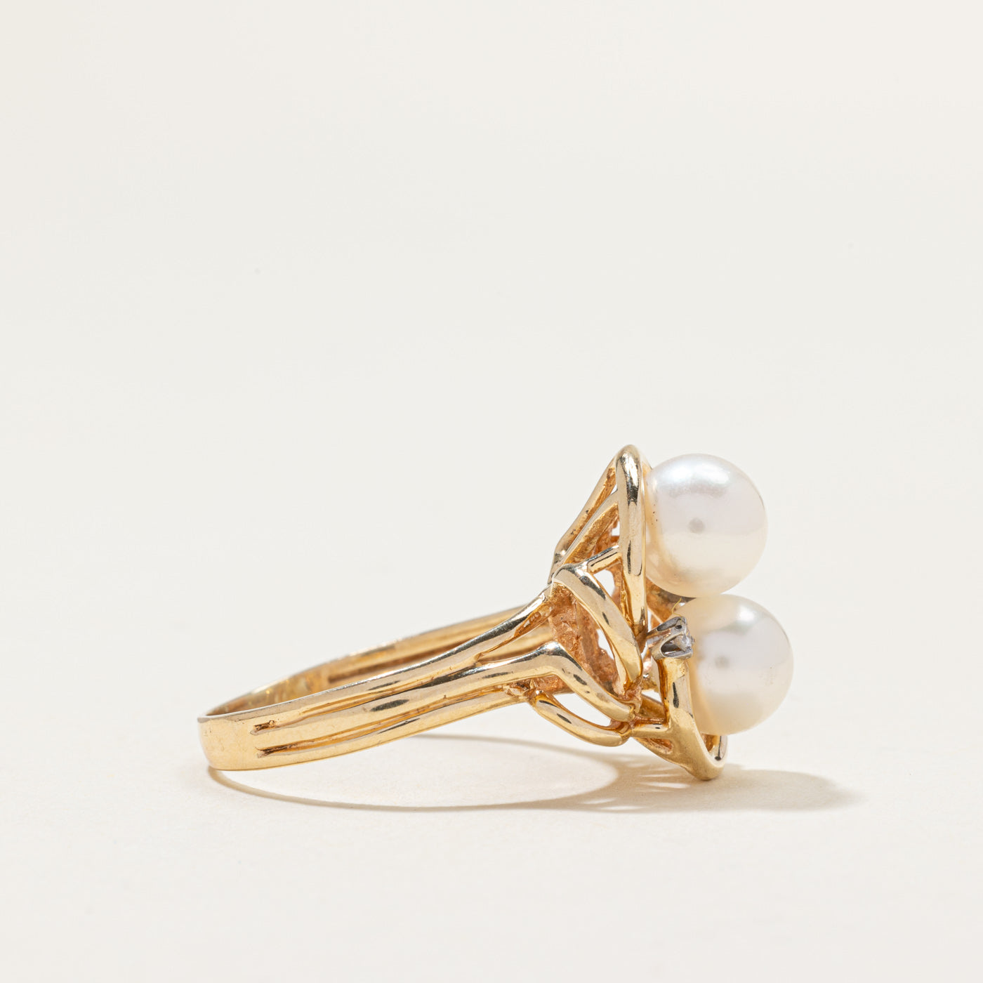 14k Pearl & Diamond Openwork Cocktail Ring | 0.06ctw | SZ 8.5