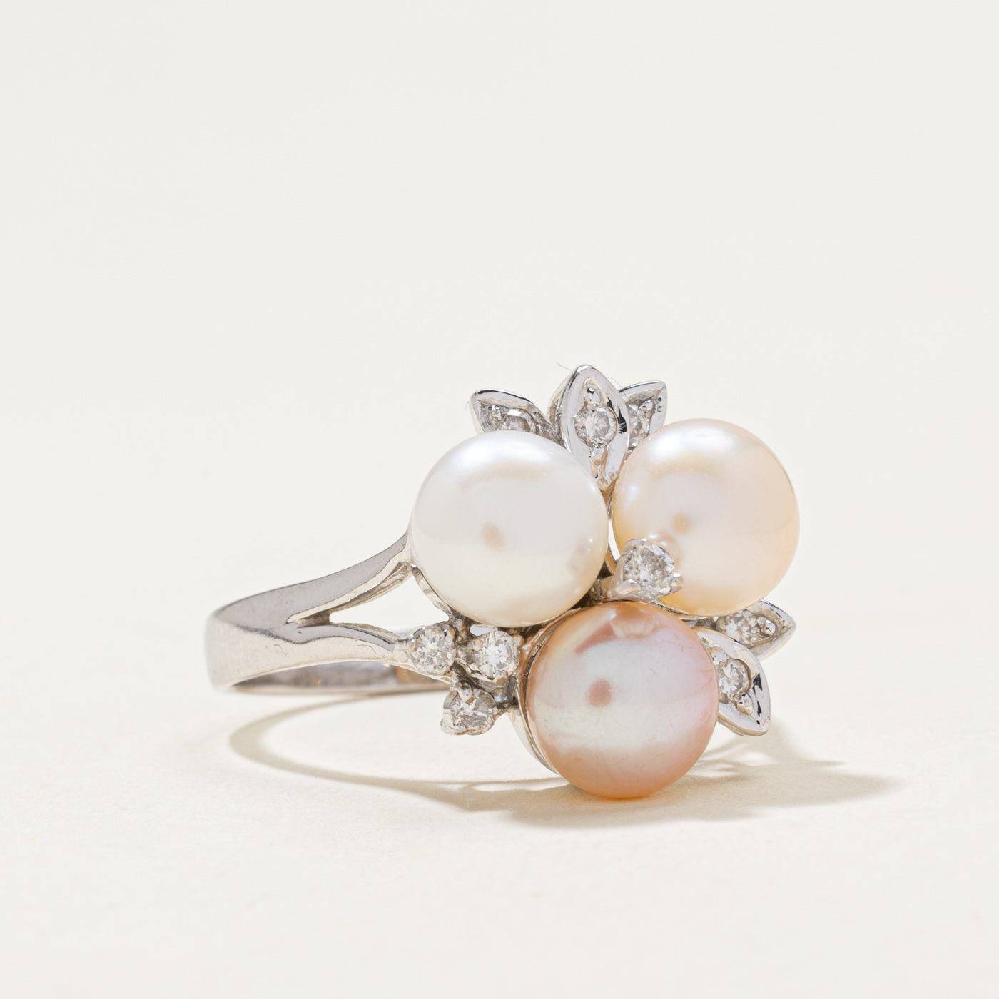 14k Pearl & Diamond Floral Cocktail Ring | 0.22ctw | SZ 8