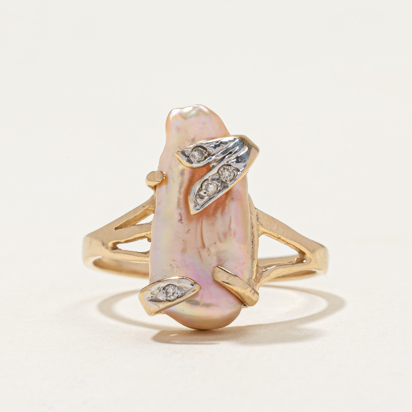 10k Pink Baroque Pearl & Diamond Ring | 0.04ctw | SZ 6.75