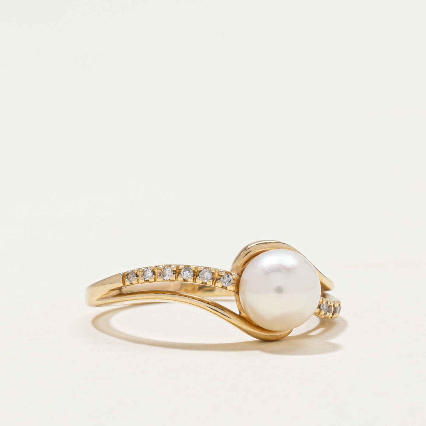 Semi Eternity Diamond & Pearl Bypass Ring | 0.06ctw | SZ 7.5