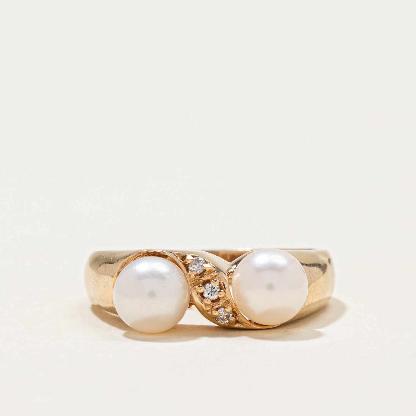 Two Pearl & Diagonal Diamond Ring | 0.06ctw | SZ 8.5