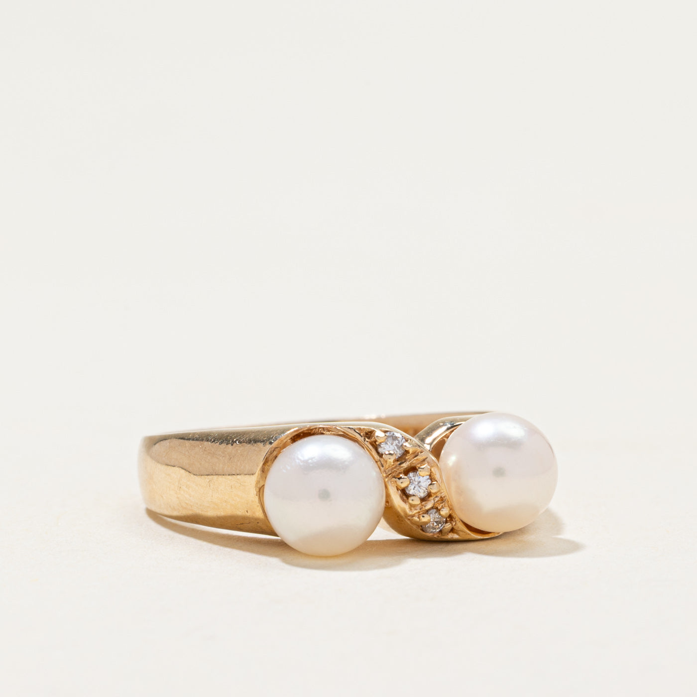 Two Pearl & Diagonal Diamond Ring | 0.06ctw | SZ 8.5