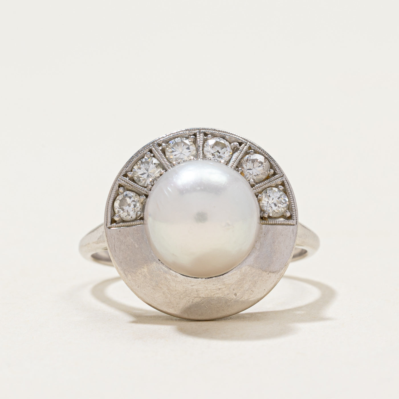 Platinum Pearl & Diamond Cocktail Ring | 0.36ctw | SZ 7.25