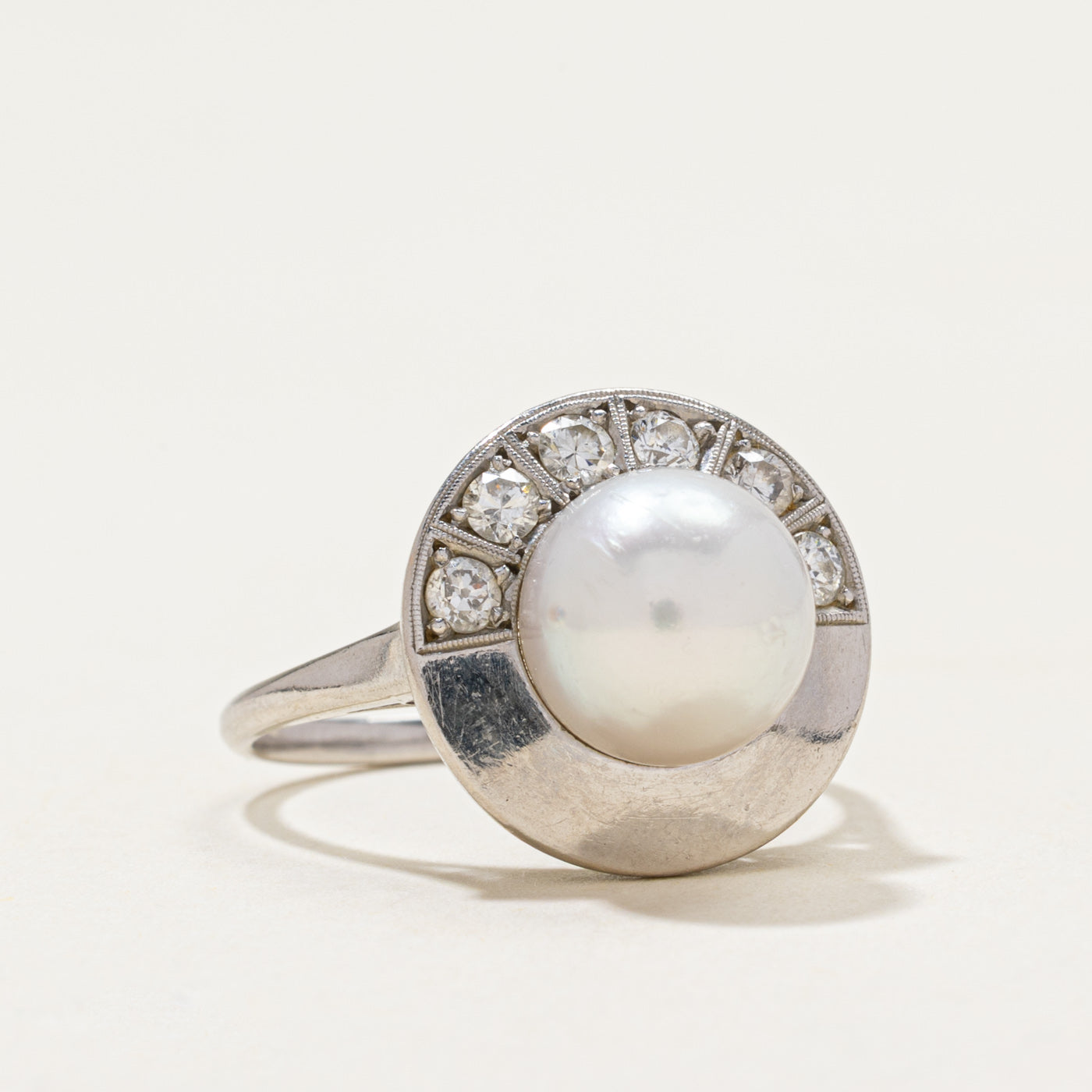 Platinum Pearl & Diamond Cocktail Ring | 0.36ctw | SZ 7.25