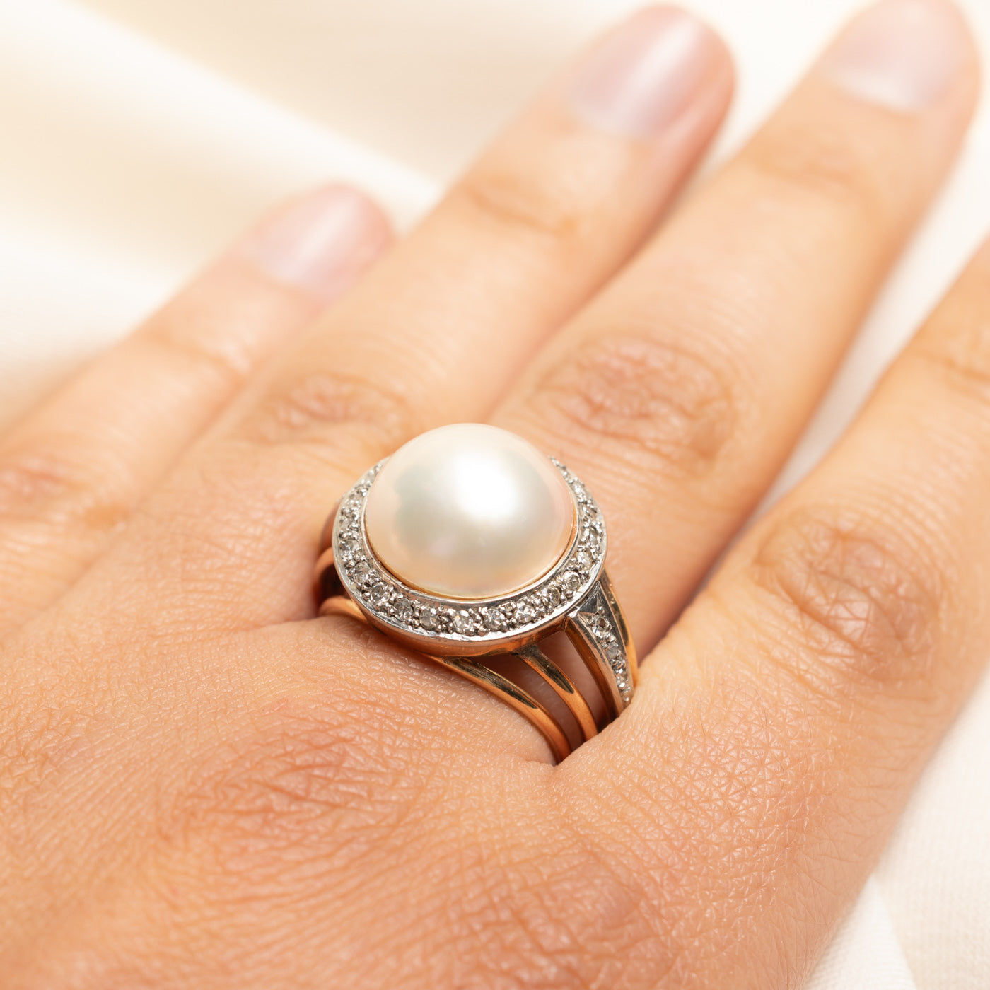 Pearl & Diamond Halo Cocktail Ring | 0.40ctw | SZ 8.25