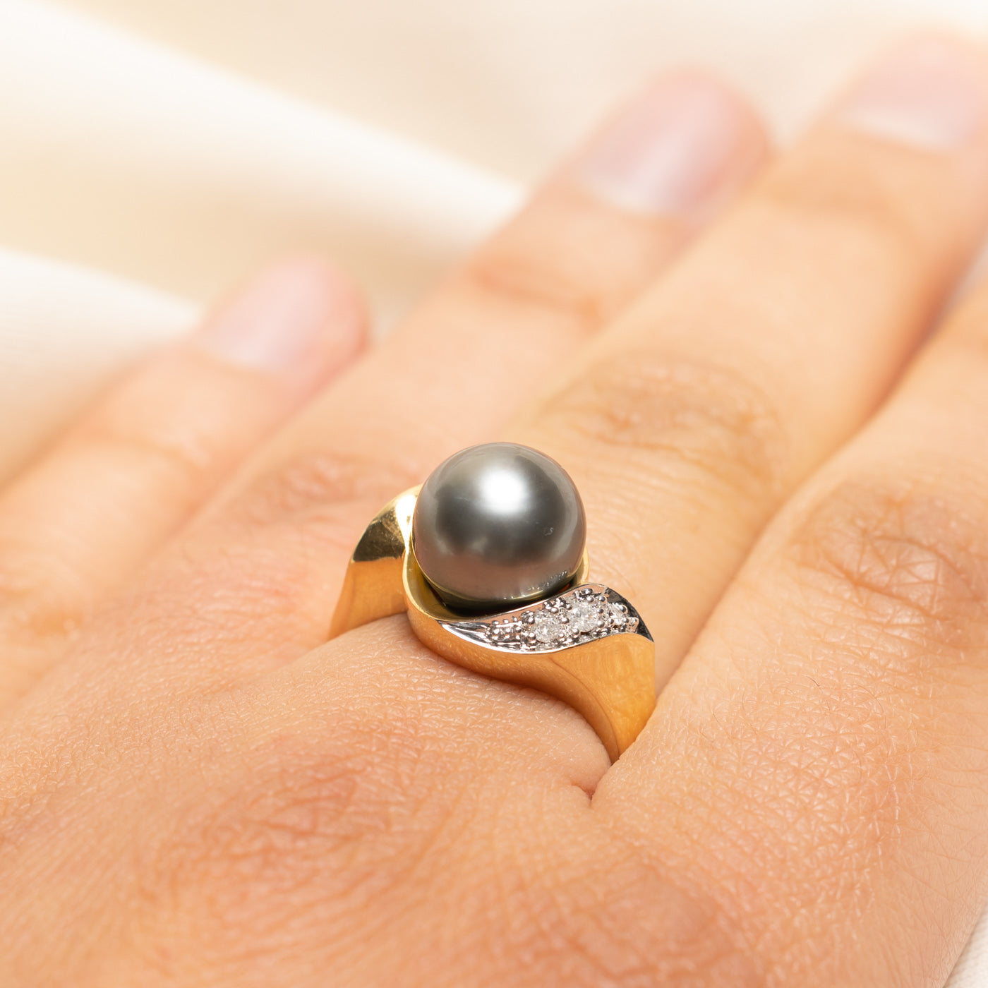 Black Pearl & Diamond Bypass Ring | 0.07ctw | SZ 8