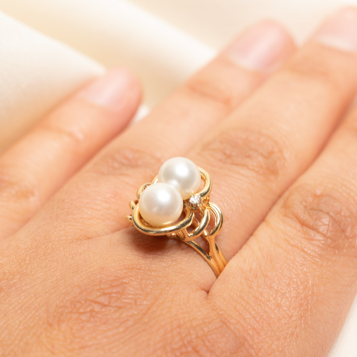 14k Pearl & Diamond Openwork Cocktail Ring | 0.06ctw | SZ 8.5