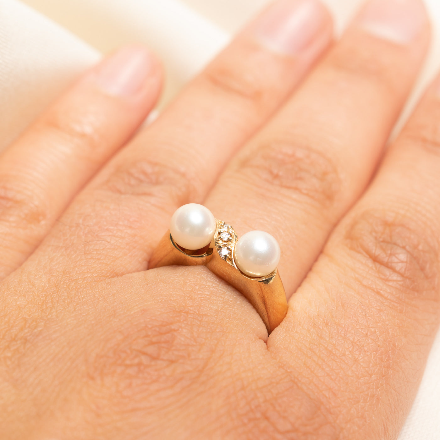 Two Pearl & Diagonal Diamond Ring | 0.06ctw | SZ 8.5