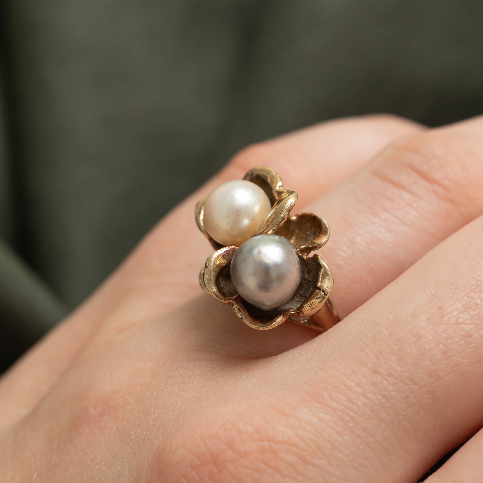 Two Stone Pearl Flower Cocktail Ring | SZ 6