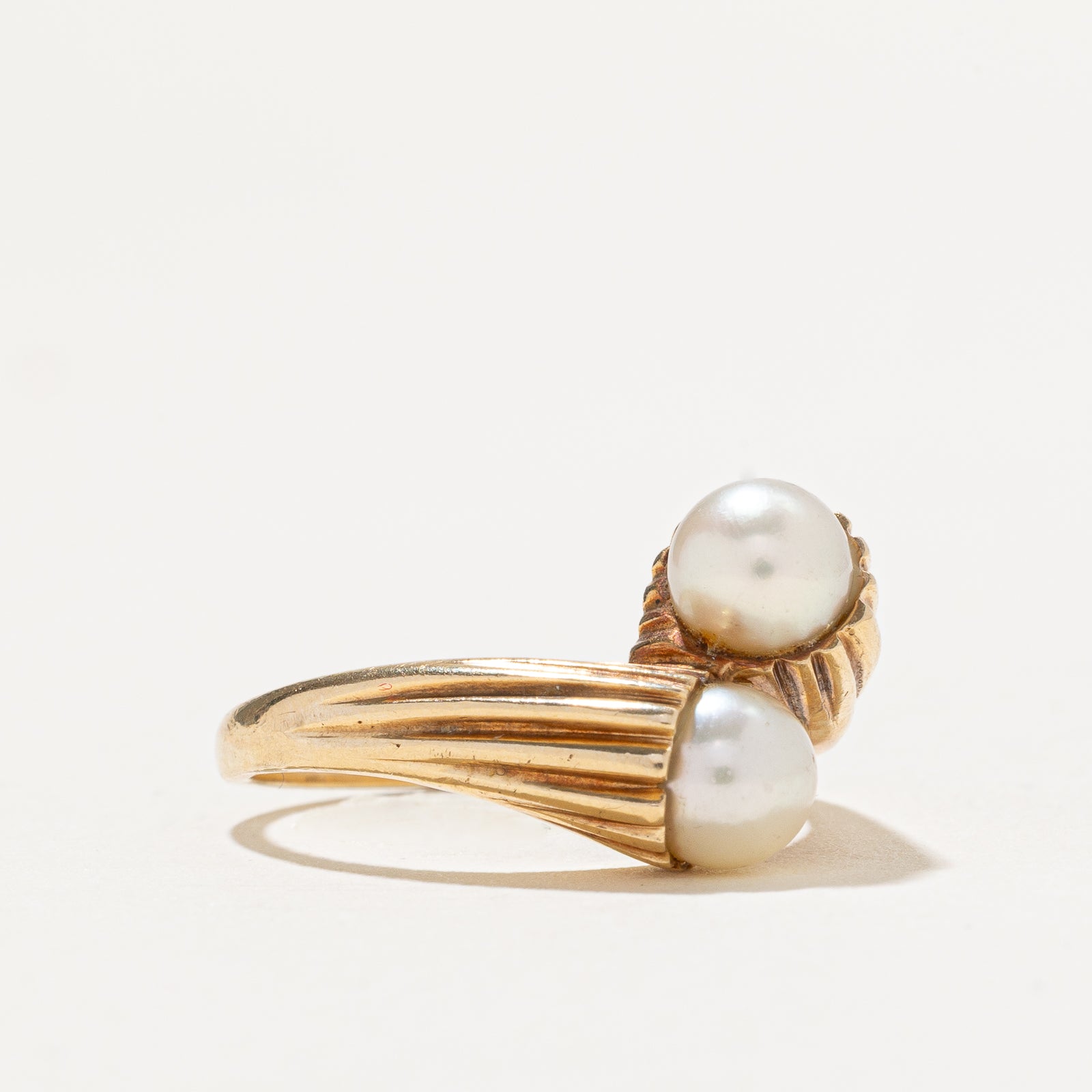 Two Stone Pearl Grooved Bypass Ring | SZ 6.25