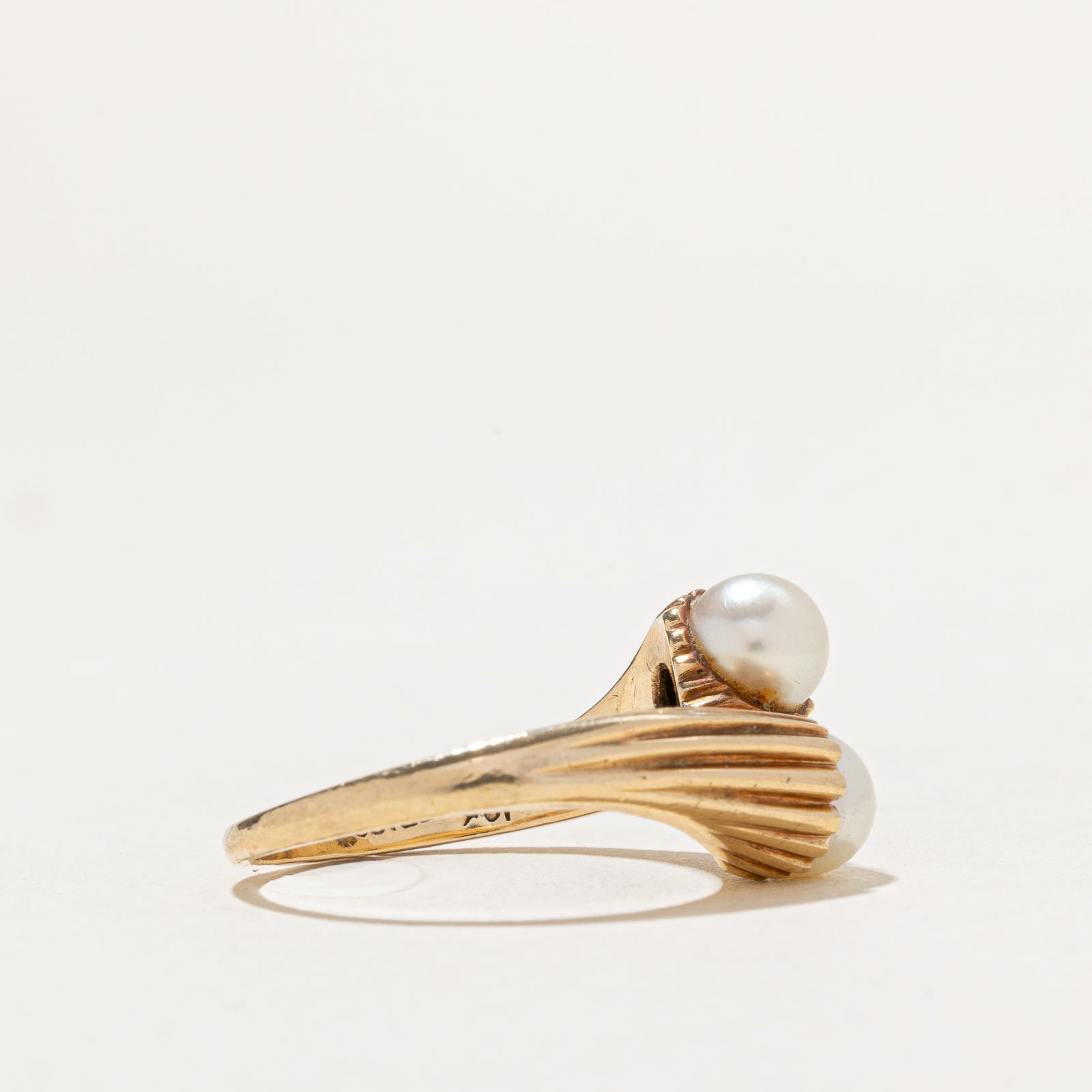 Two Stone Pearl Grooved Bypass Ring | SZ 6.25