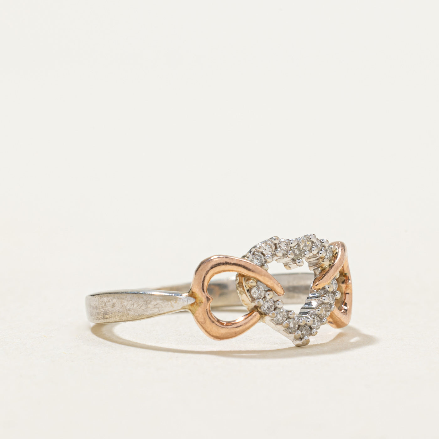 10K Two Tone Gold Diamond Triple Heart Ring | 0.05ctw | SZ 4.75