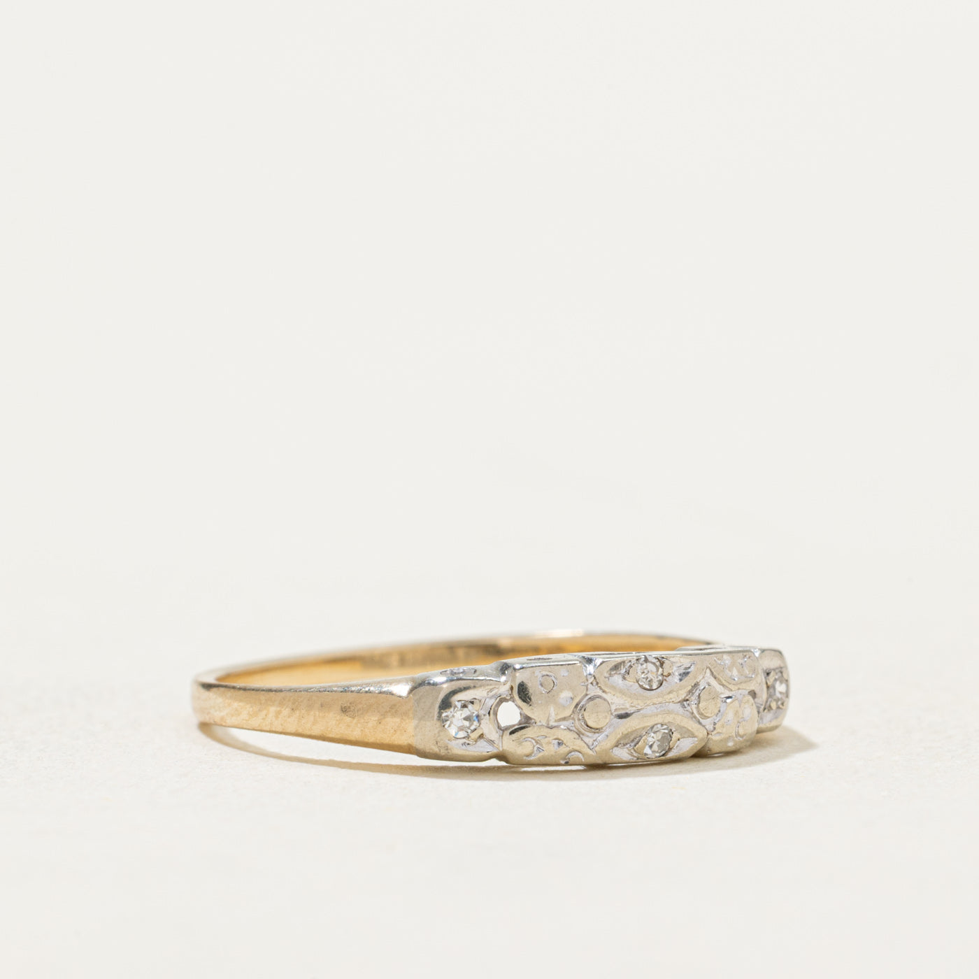 14K & Platinum Diamond Textured Ring | 0.02ctw | SZ 6.5