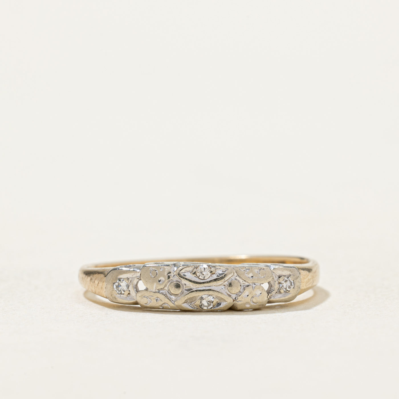14K & Platinum Diamond Textured Ring | 0.02ctw | SZ 6.5