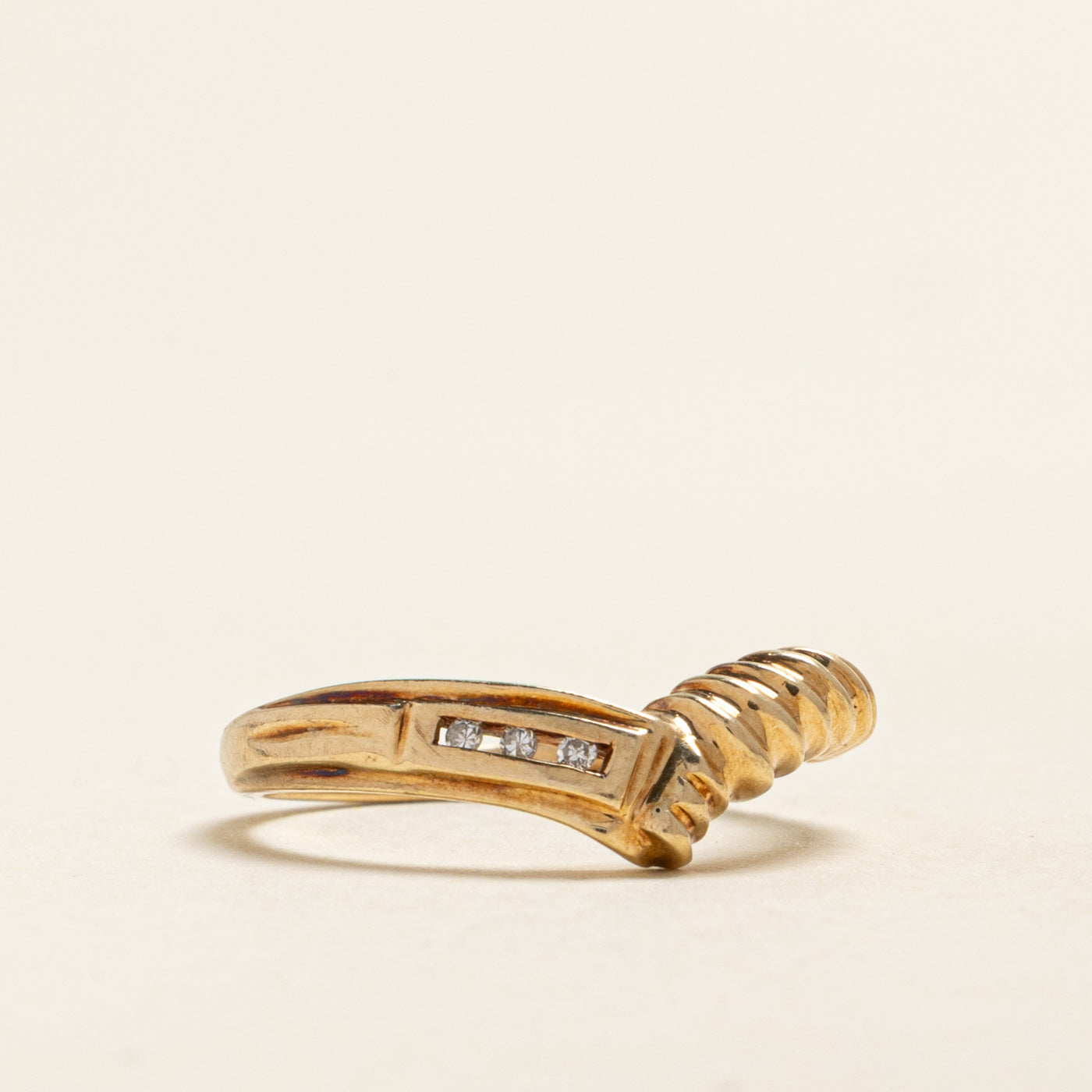 Yellow Gold Diamond Grooved Chevron Ring | 0.02ctw | SZ 5.75