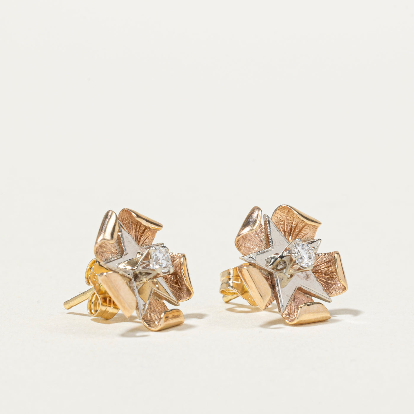 10K Two Tone Gold Diamond Textured Star Stud Earrings | 0.12ctw