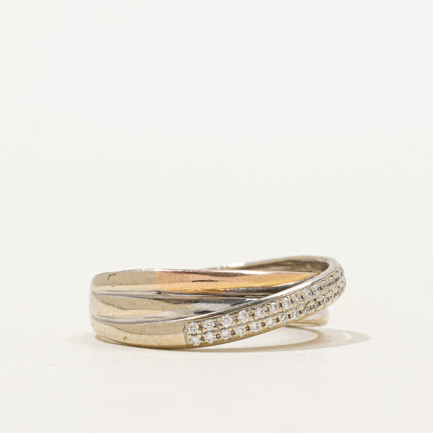 Two Tone Semi Eternity Diamond Crossover Ring | SZ 7.0