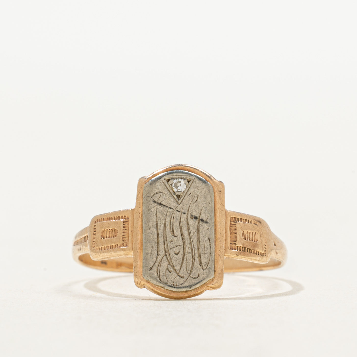 Two Tone Gold Diamond Initial Engraved Signet Ring | SZ 6.5