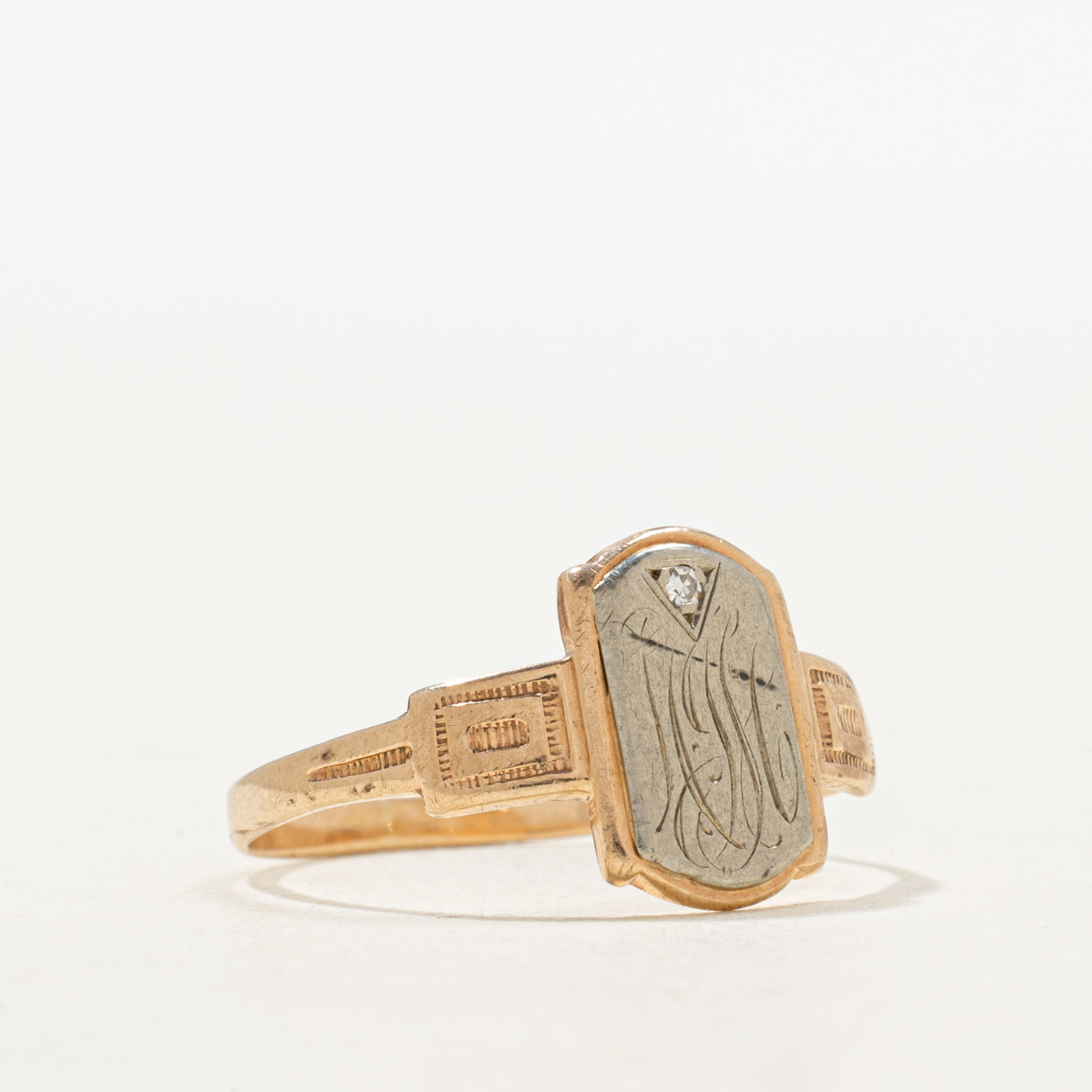 Two Tone Gold Diamond Initial Engraved Signet Ring | SZ 6.5