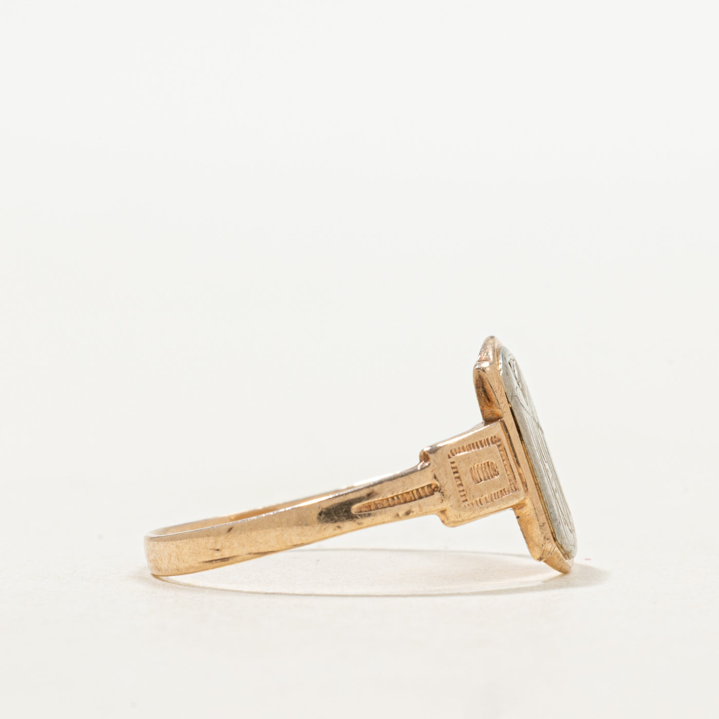 Two Tone Gold Diamond Initial Engraved Signet Ring | SZ 6.5