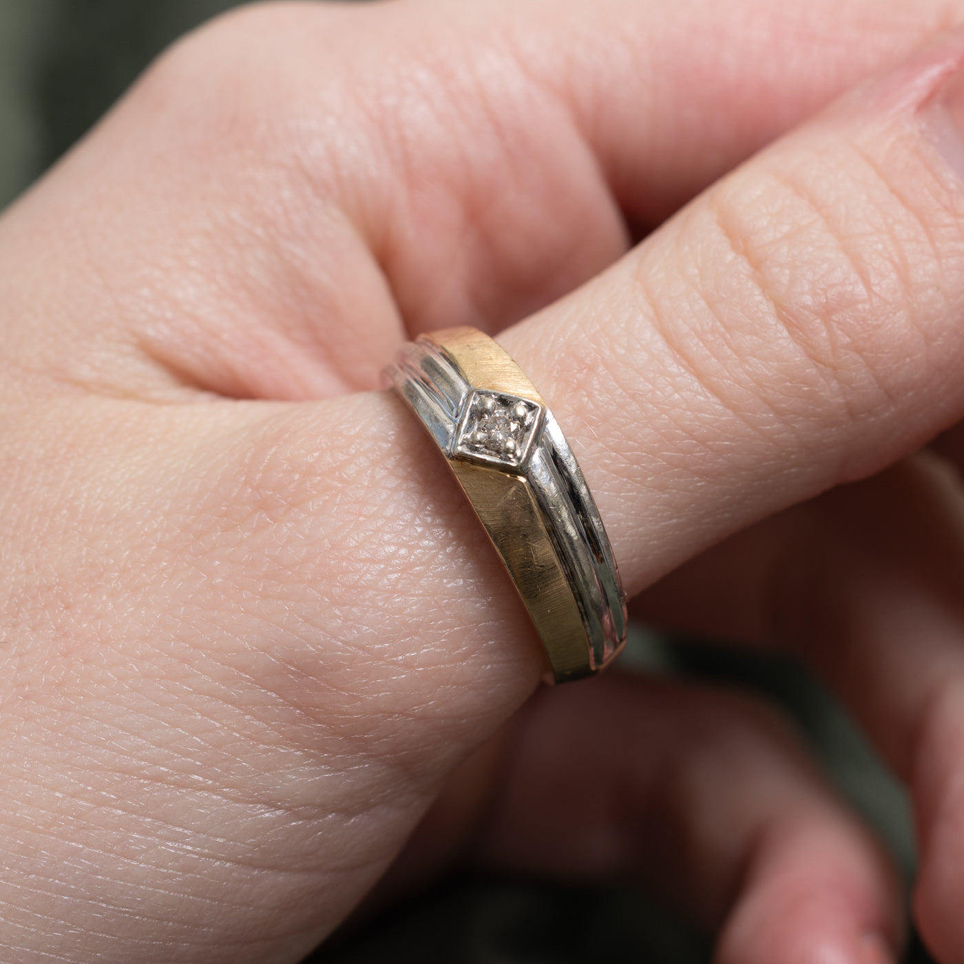 Two Tone Gold Diamond Grooved Band | SZ 9.5