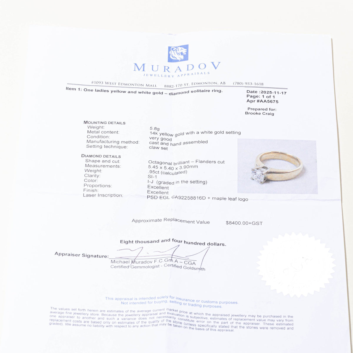 14k Solitaire Diamond Engagement Ring | 0.95ct SI1 I-J | SZ 4.75