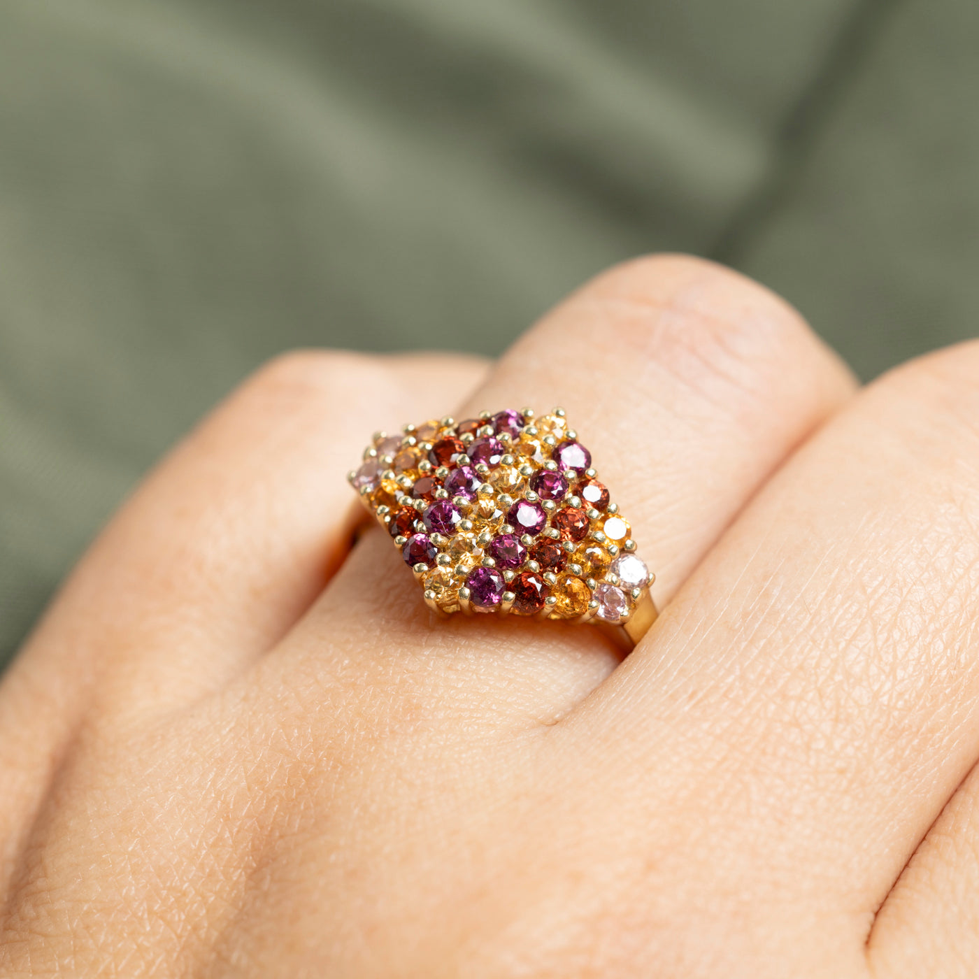 14k Multi Row Rose Quartz, Garnet & Citrine Ring | 1.50ctw | SZ 9