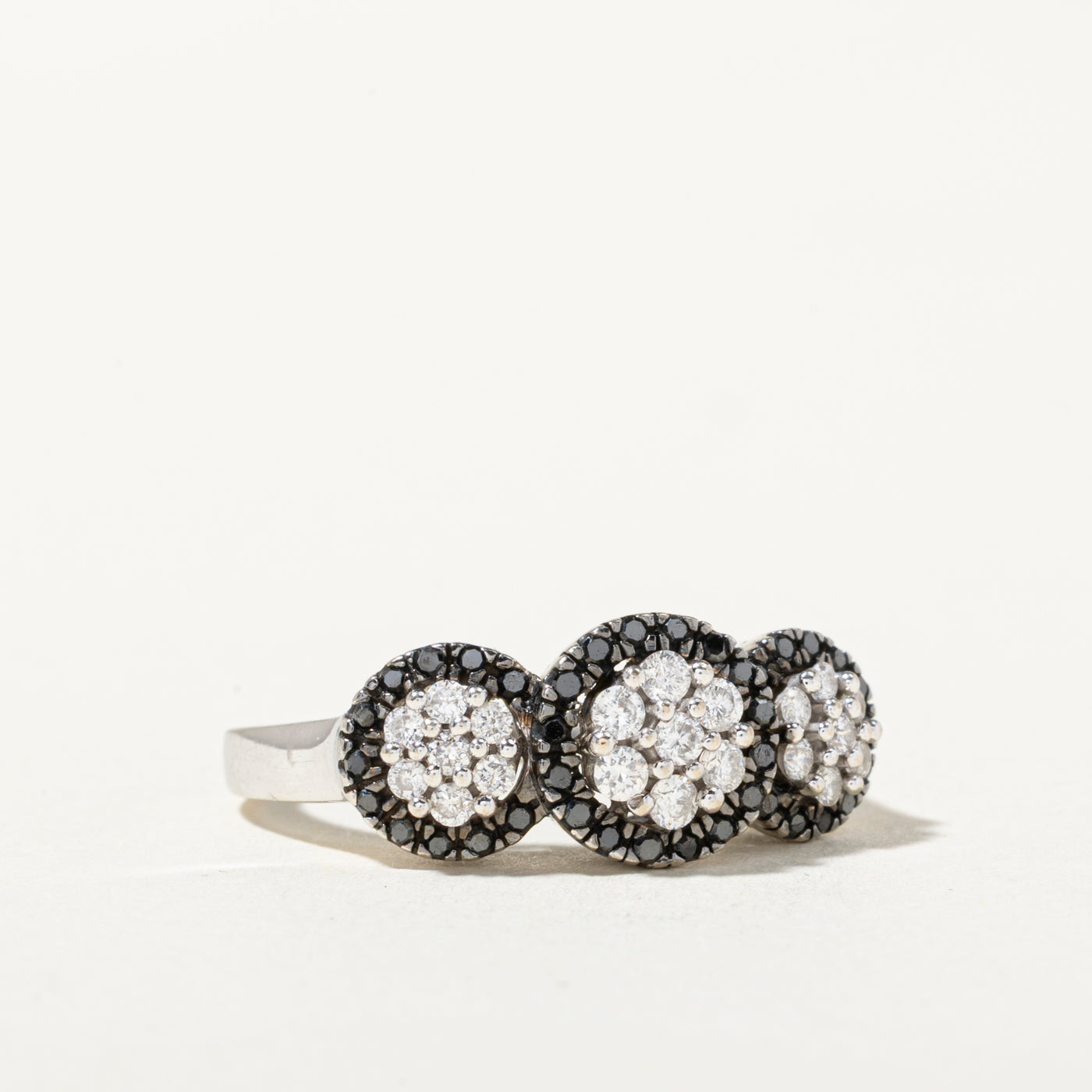 10k Black & White Diamond Three Cluster Ring | 0.65ctw | SZ 7