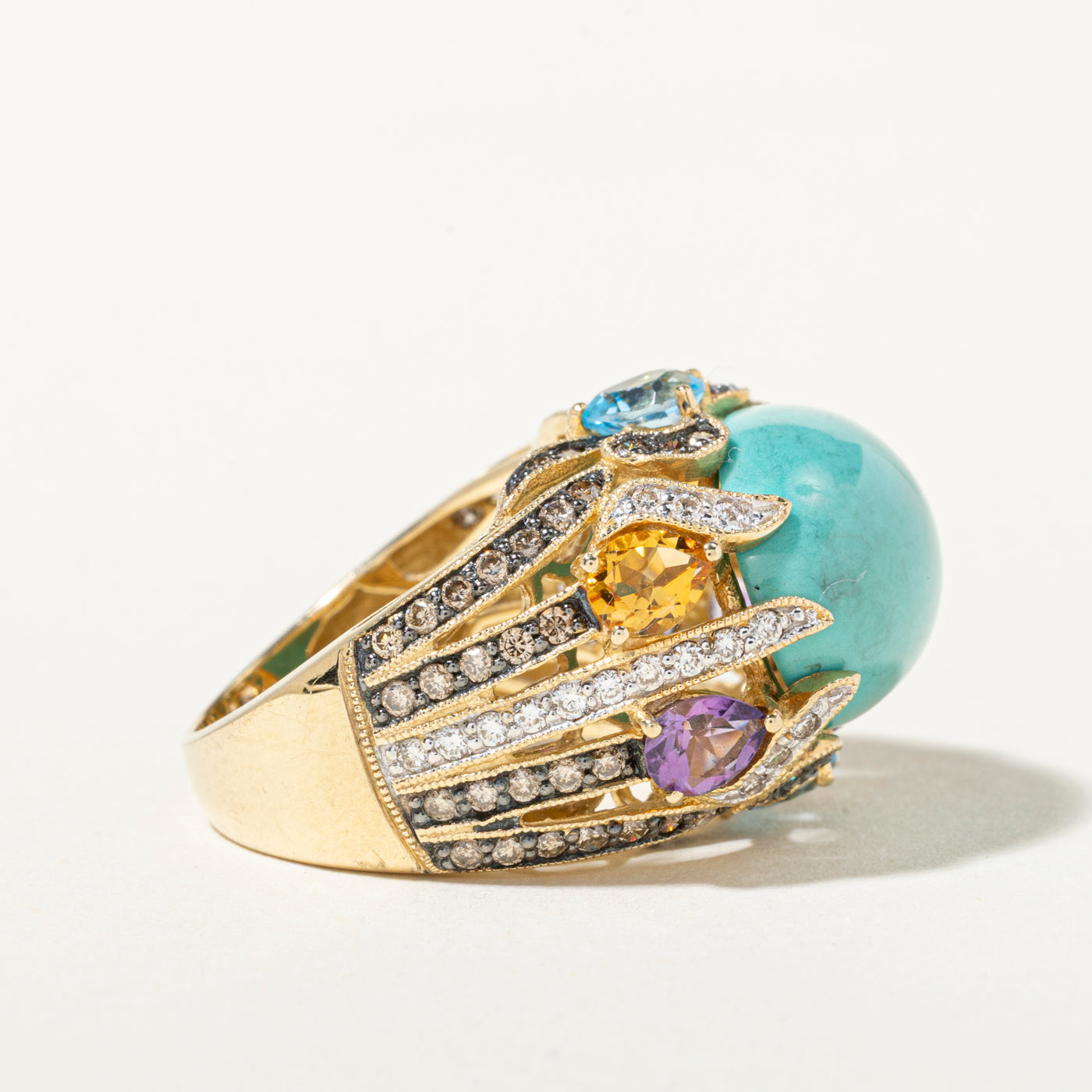 14k Multi-Gemstone & Diamond Scrollwork Cocktail Ring | 1.27ctw | SZ 7