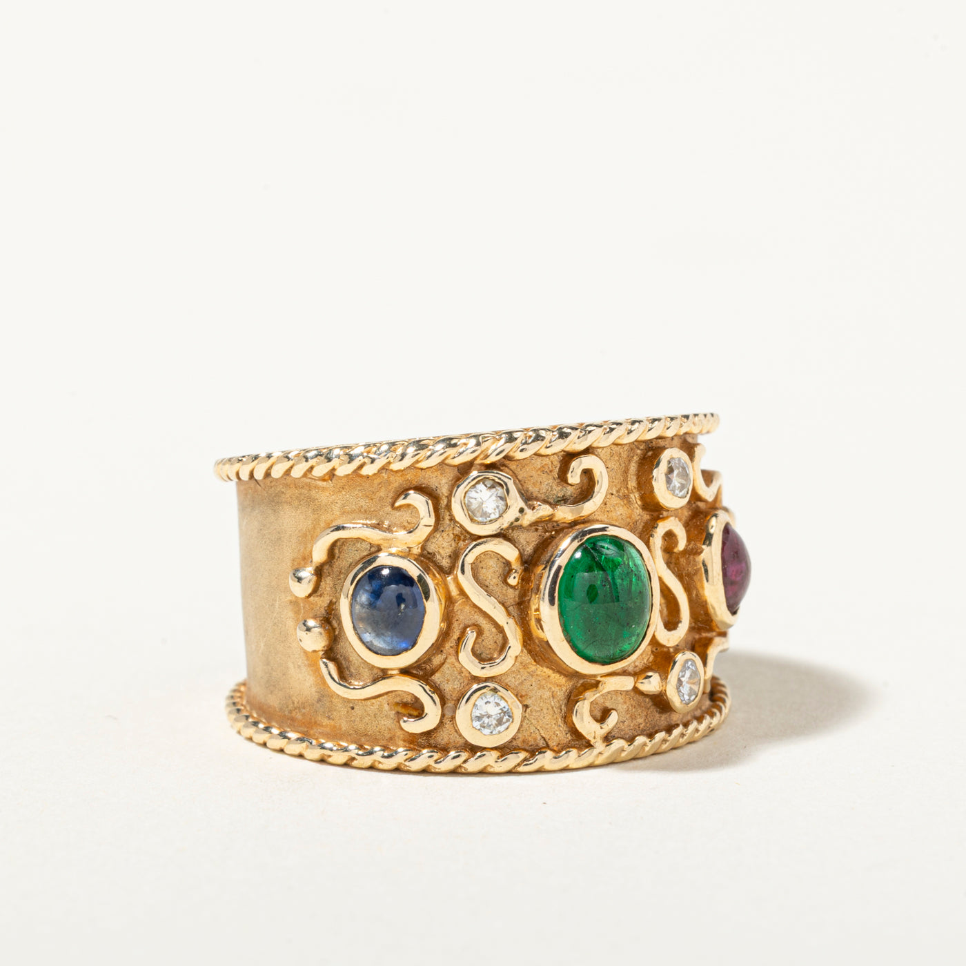 14k Ruby, Emerald, Sapphire & Diamond Ornate Rope Ring | 1.15ctw, 0.16ctw | SZ 8