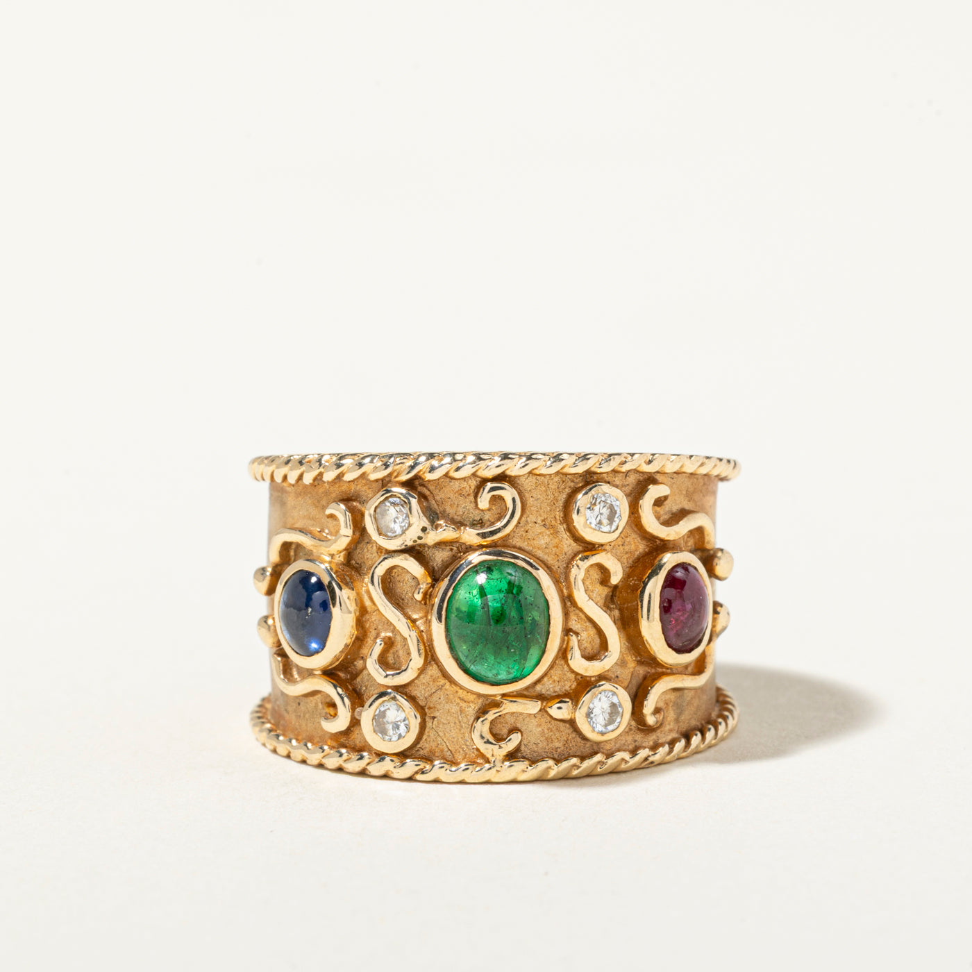 14k Ruby, Emerald, Sapphire & Diamond Ornate Rope Ring | 1.15ctw, 0.16ctw | SZ 8