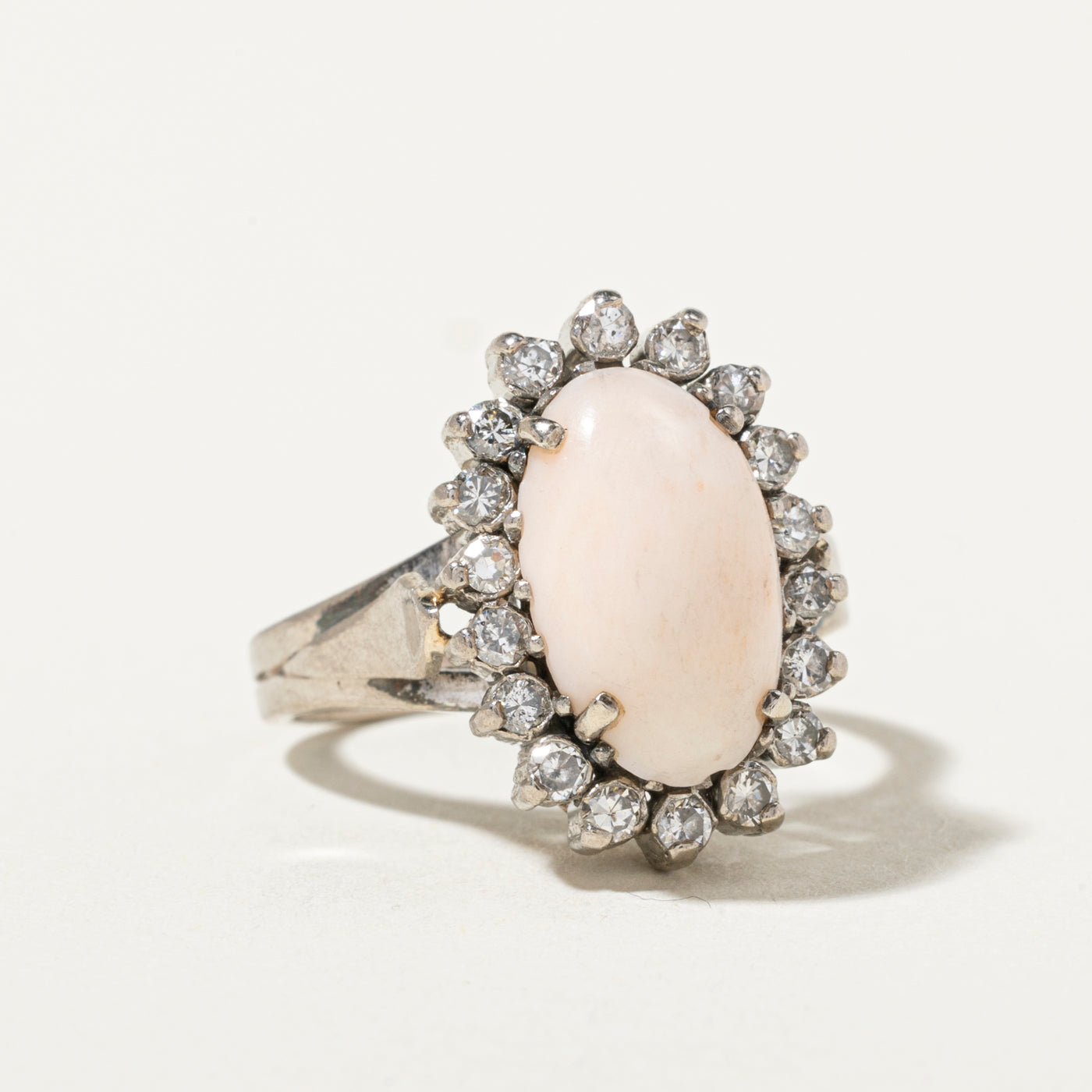 18k Pink Coral & Diamond Halo Ring | 3.12ct, 0.51ctw | SZ 6