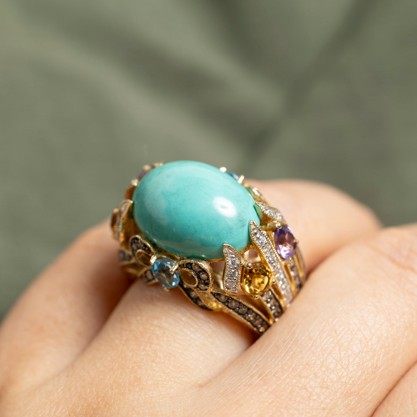 14k Multi-Gemstone & Diamond Scrollwork Cocktail Ring | 1.27ctw | SZ 7