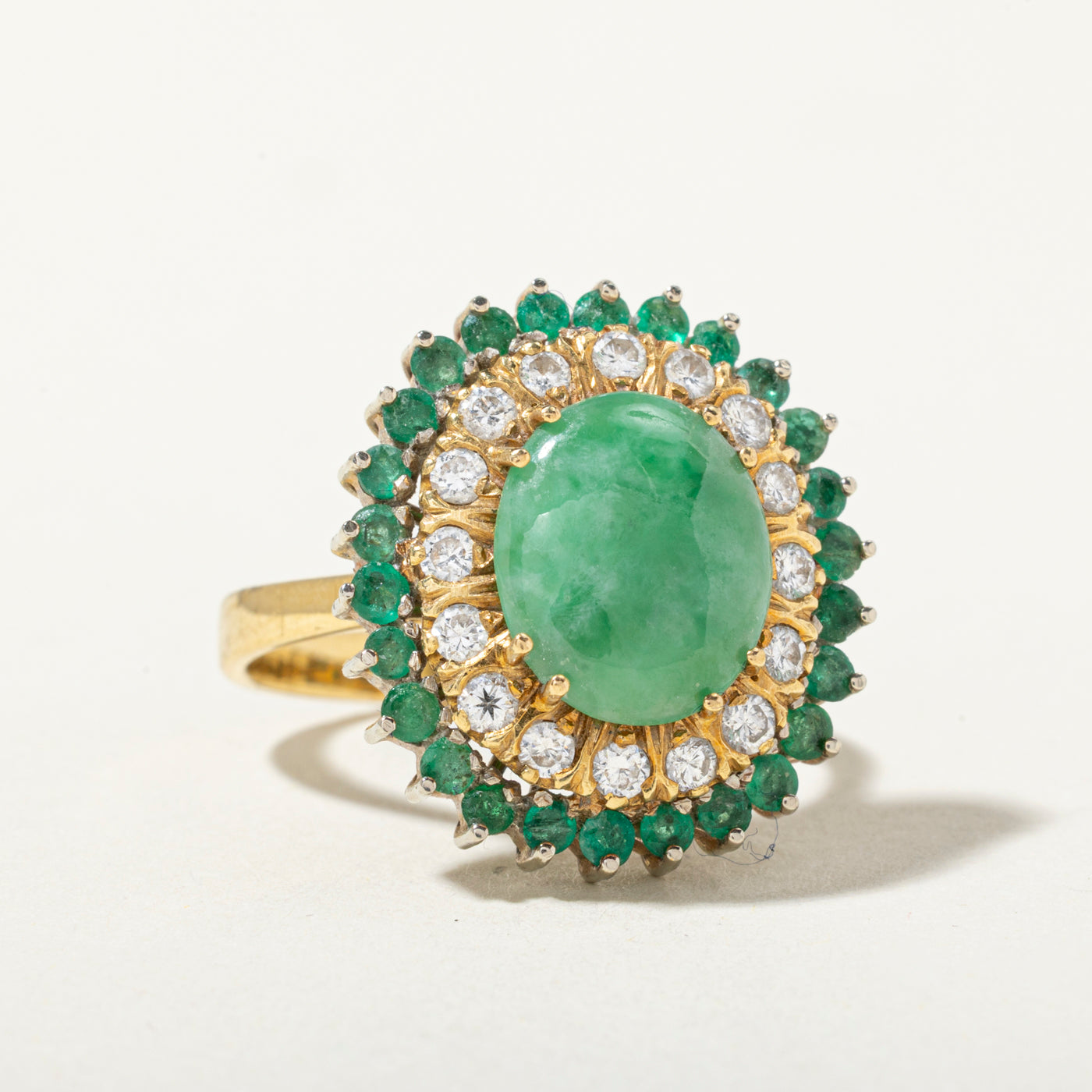 18k Jadeite, Emerald & Diamond Halo Ring | 0.70ctw, 0.46ctw | SZ 8.75