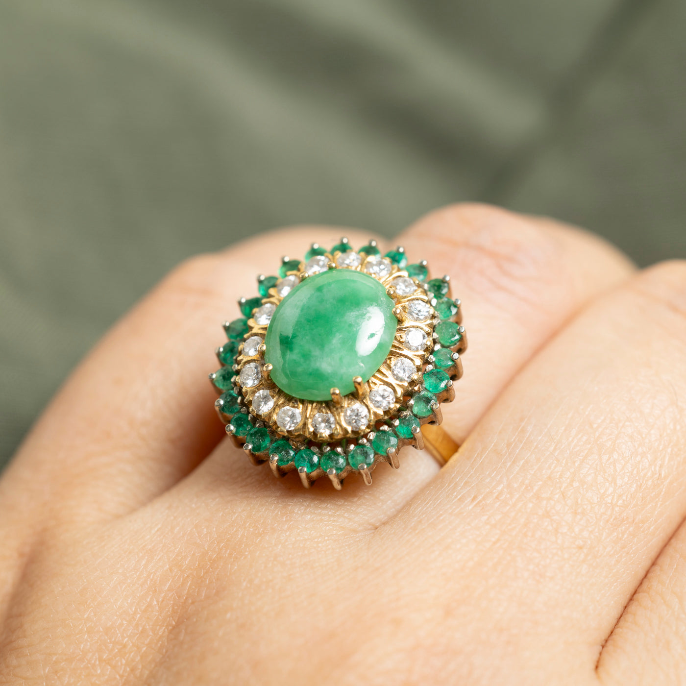 18k Jadeite, Emerald & Diamond Halo Ring | 0.70ctw, 0.46ctw | SZ 8.75