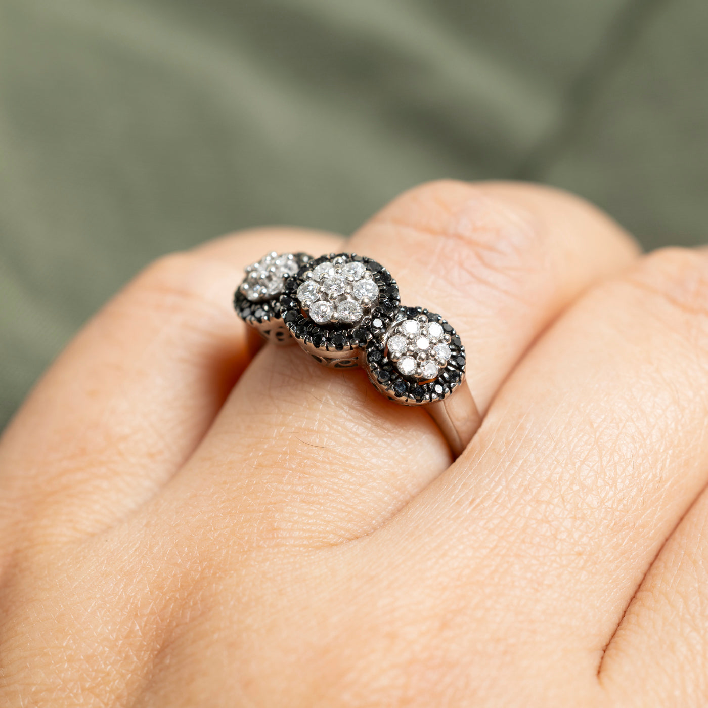 10k Black & White Diamond Three Cluster Ring | 0.65ctw | SZ 7