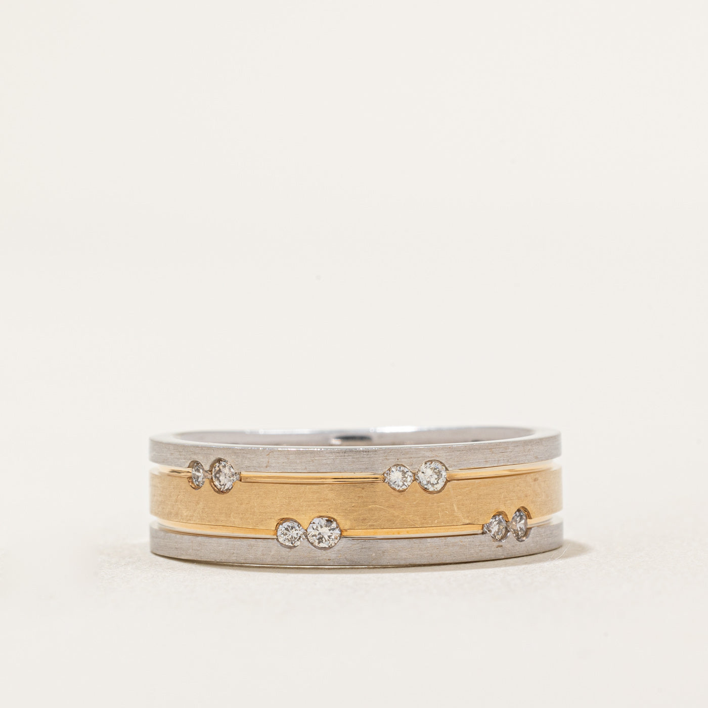 Two Tone Flush Set Scattered Diamond Band | 0.14ctw | SZ 10.25