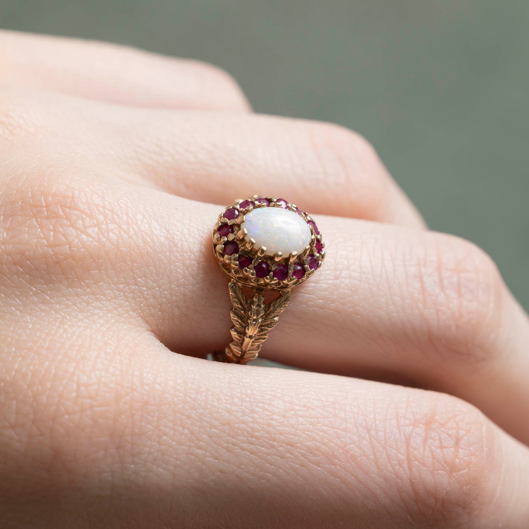Opal & Ruby Halo Textured Ring | 0.98ctw | SZ 6.75