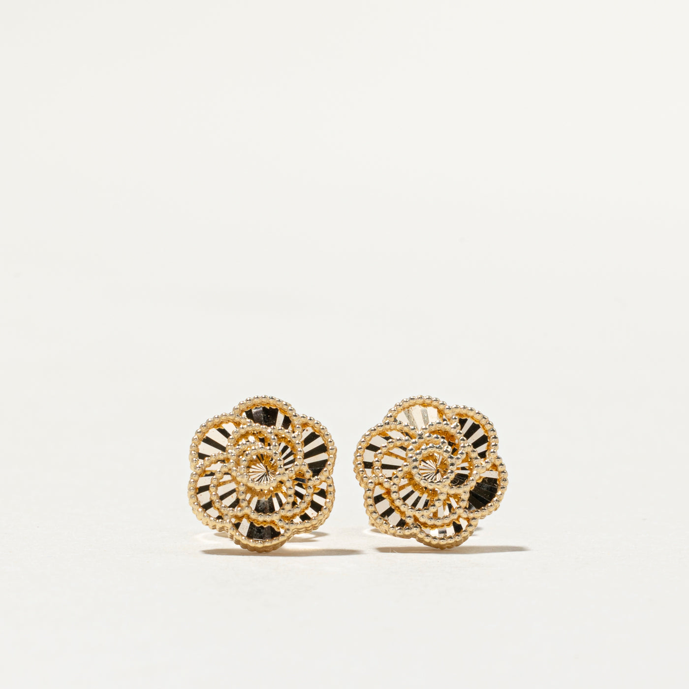 14k Yellow Gold Textured Flower Stud Earrings