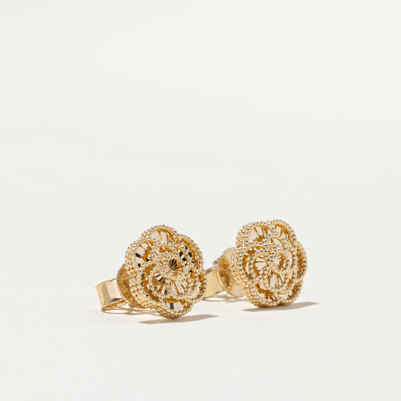 14k Yellow Gold Textured Flower Stud Earrings
